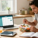 Tracking meals with the best calorie tracking app in a bright kitchen, surrounded by fresh ingredients and nutrition tools.