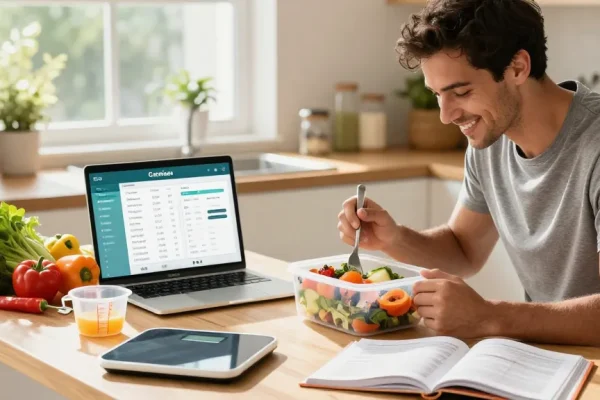 Tracking meals with the best calorie tracking app in a bright kitchen, surrounded by fresh ingredients and nutrition tools.