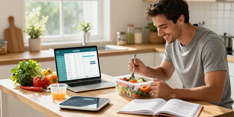 Tracking meals with the best calorie tracking app in a bright kitchen, surrounded by fresh ingredients and nutrition tools.