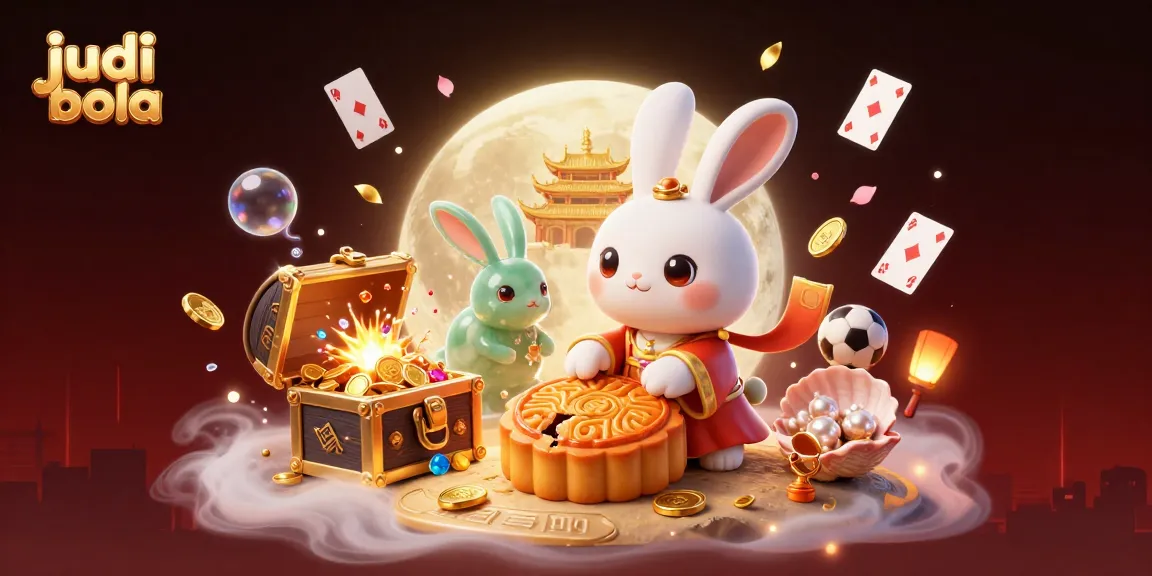 Engage in judi bola excitement as the moon rabbit brings fortune with poker chips in a vibrant 3D scene.