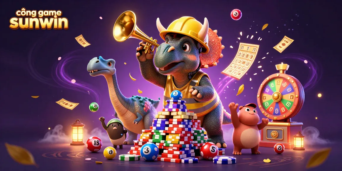 Engage with cổng game sunwin featuring a dynamic lottery scene with cheerful dinosaurs and vibrant game elements.