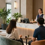 ROKOK88 login displayed at welcoming hotel lobby scene with guests checking in.