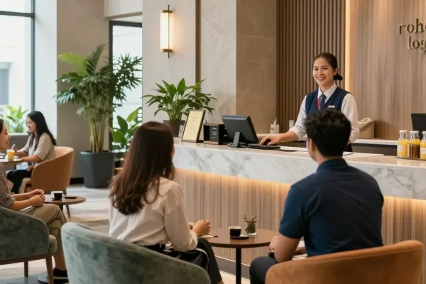 ROKOK88 login displayed at welcoming hotel lobby scene with guests checking in.