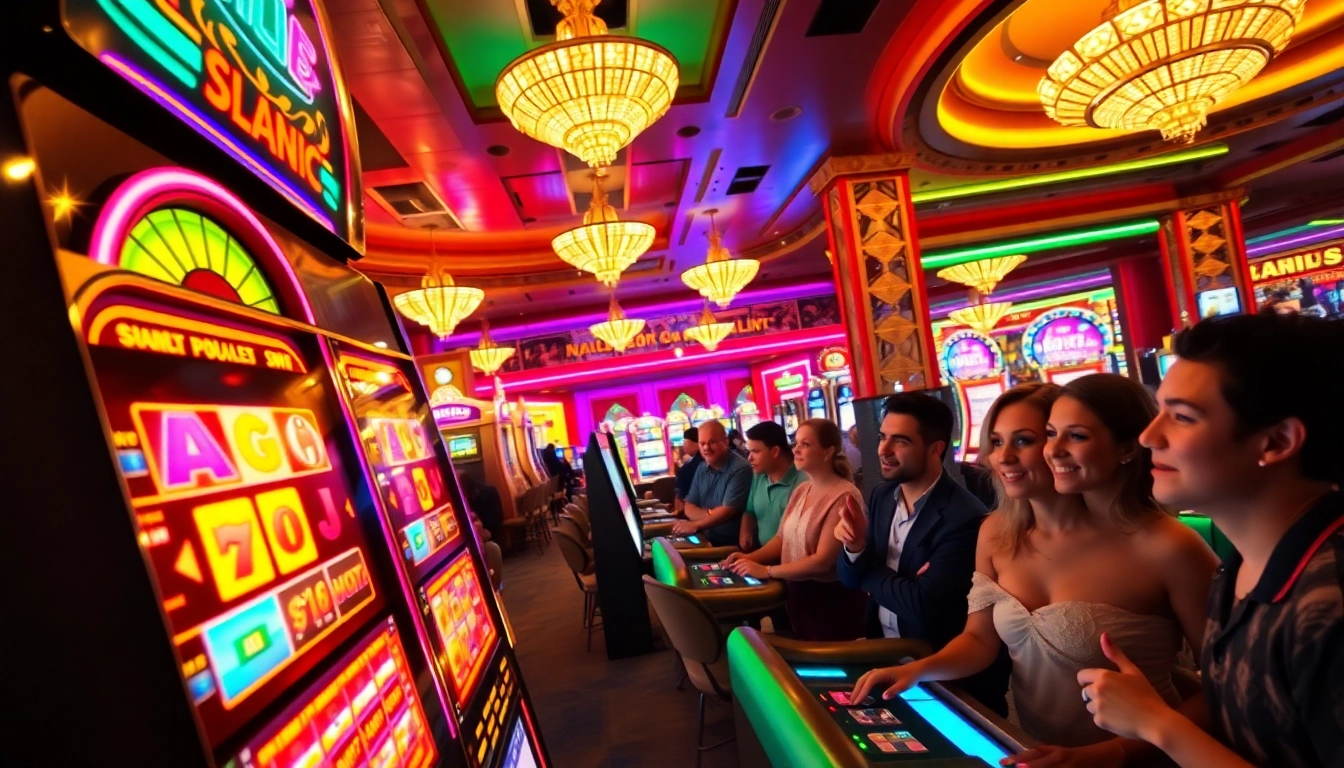 Menangkan slot gacor dengan mesin slot berwarna-warni penuh cahaya dan pemain antusias di kasino.