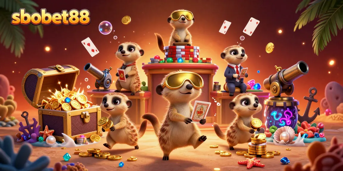 Engaging sbobet88 casino scene with meerkats winning chips amid vibrant underwater treasures.
