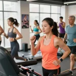 Aktivitas di gym modern dengan perangkat Fitbit Luxe dari https://www.polarfitbitshop.com/fitbit-luxe/ dalam suasana pagi yang energik.