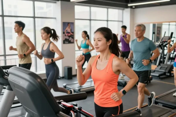 Aktivitas di gym modern dengan perangkat Fitbit Luxe dari https://www.polarfitbitshop.com/fitbit-luxe/ dalam suasana pagi yang energik.