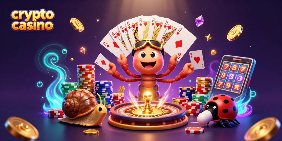 Jouez dans un crypto casino avec une scène animée de dealer mille-pattes et d'un escargot parieur.